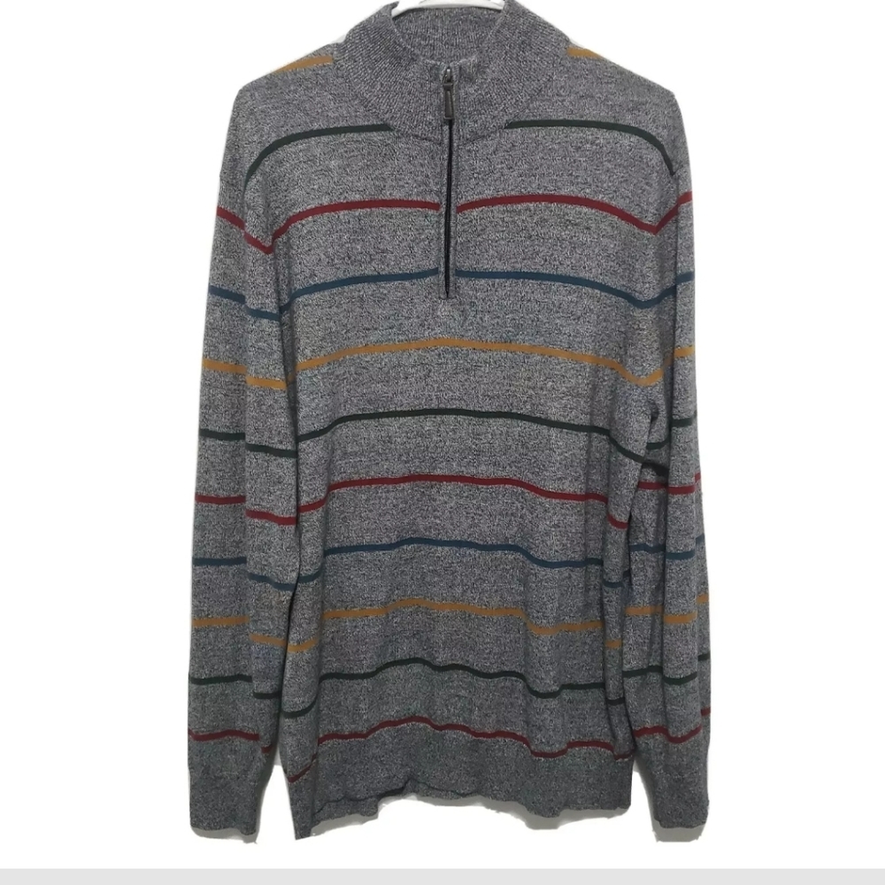 Alan Flusser Men's Large Gray Multicolor Stripe Sweater Quarter Zip